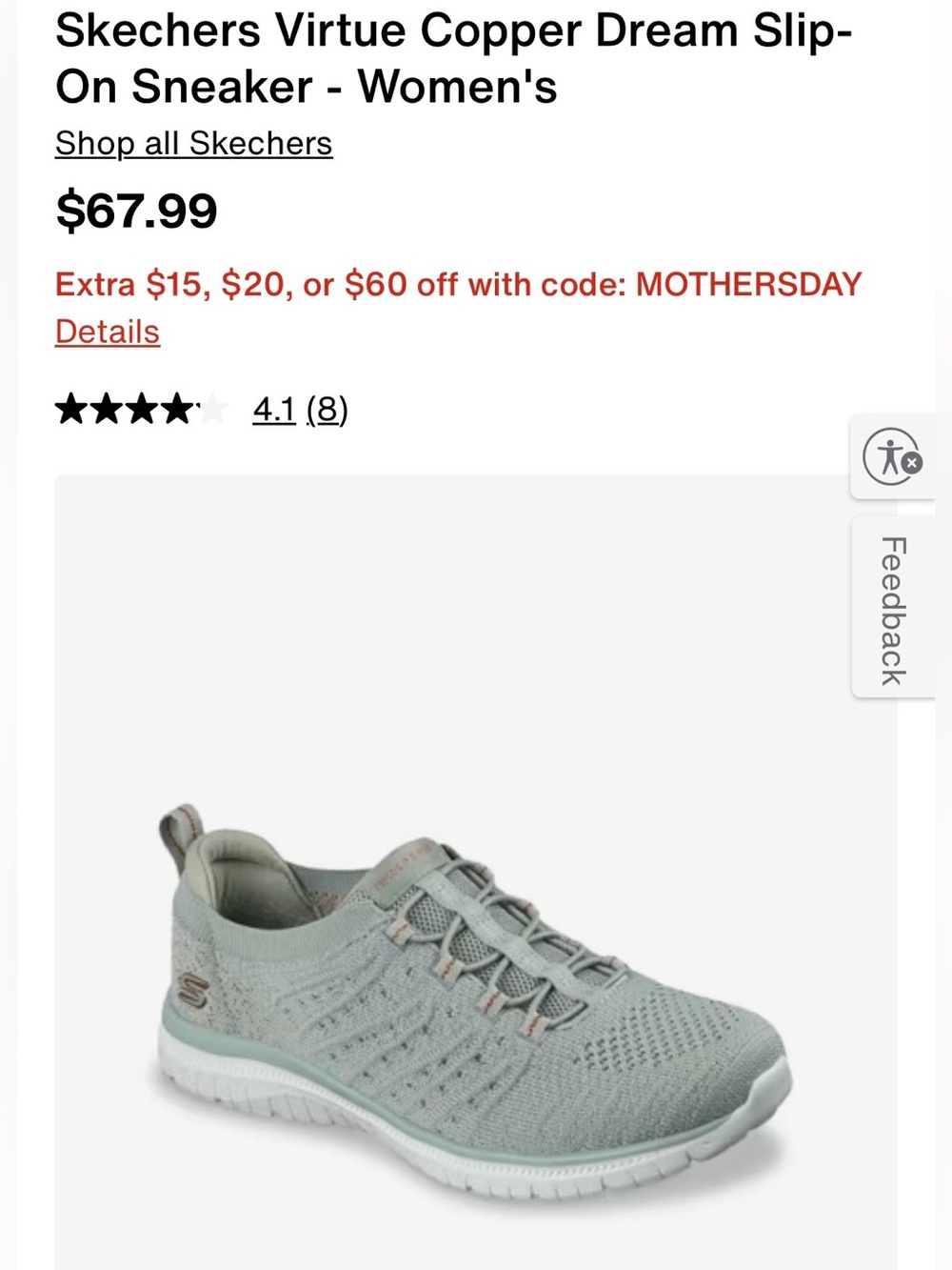 Skechers Virtue Copper Dream Slip On Women's Sneaker in Sage Green. Size 9